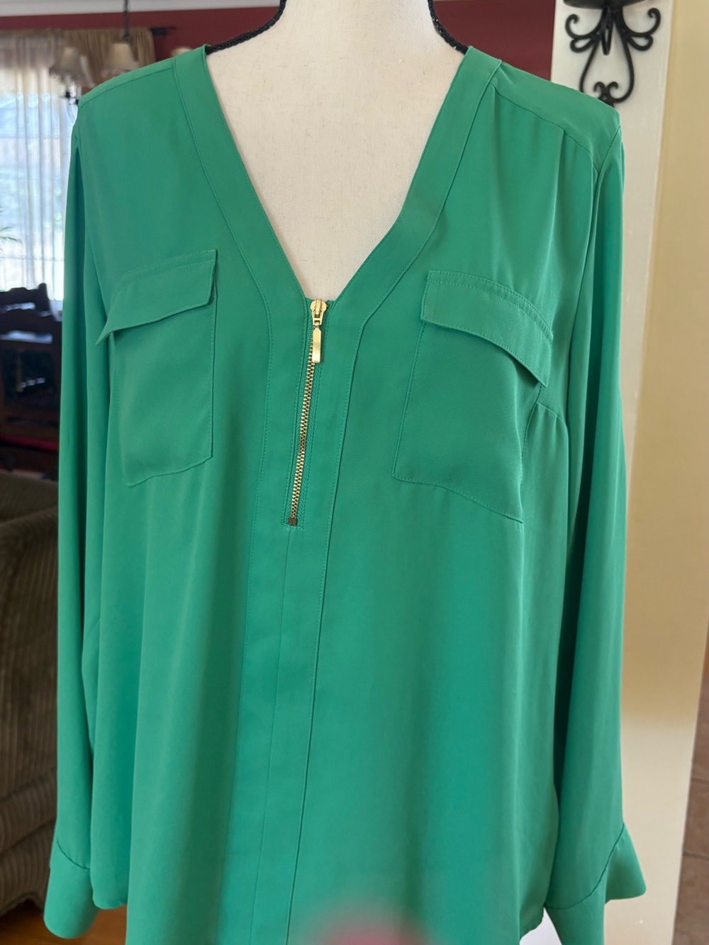 Express Emerald Green V-Neck Zip Front Blouse